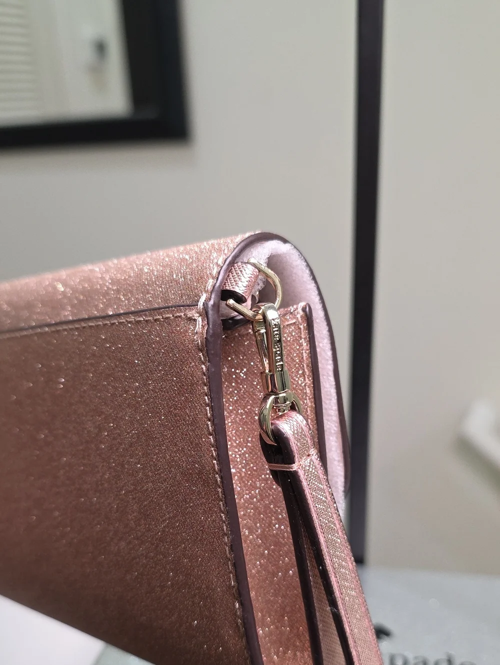 Kate Spade New In Box Rose Gold Glitter Medium Flap Phone Wristlet NWT